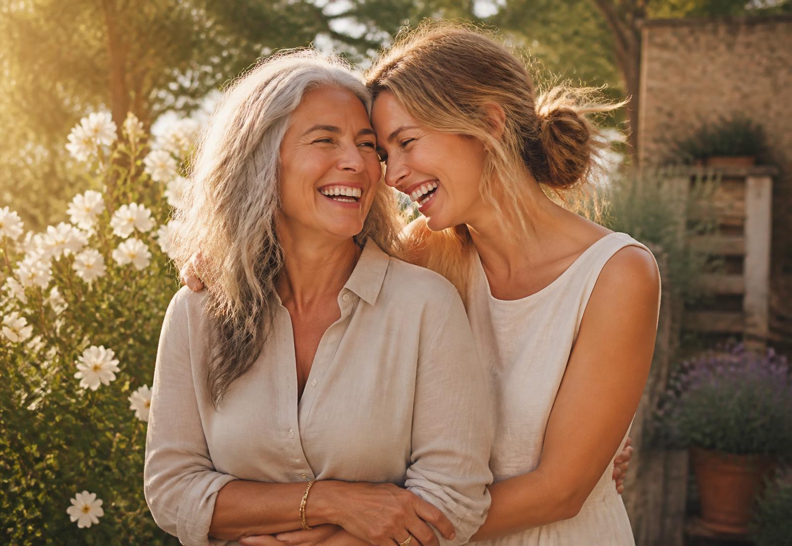 Two women laughing together in a sunlit garden