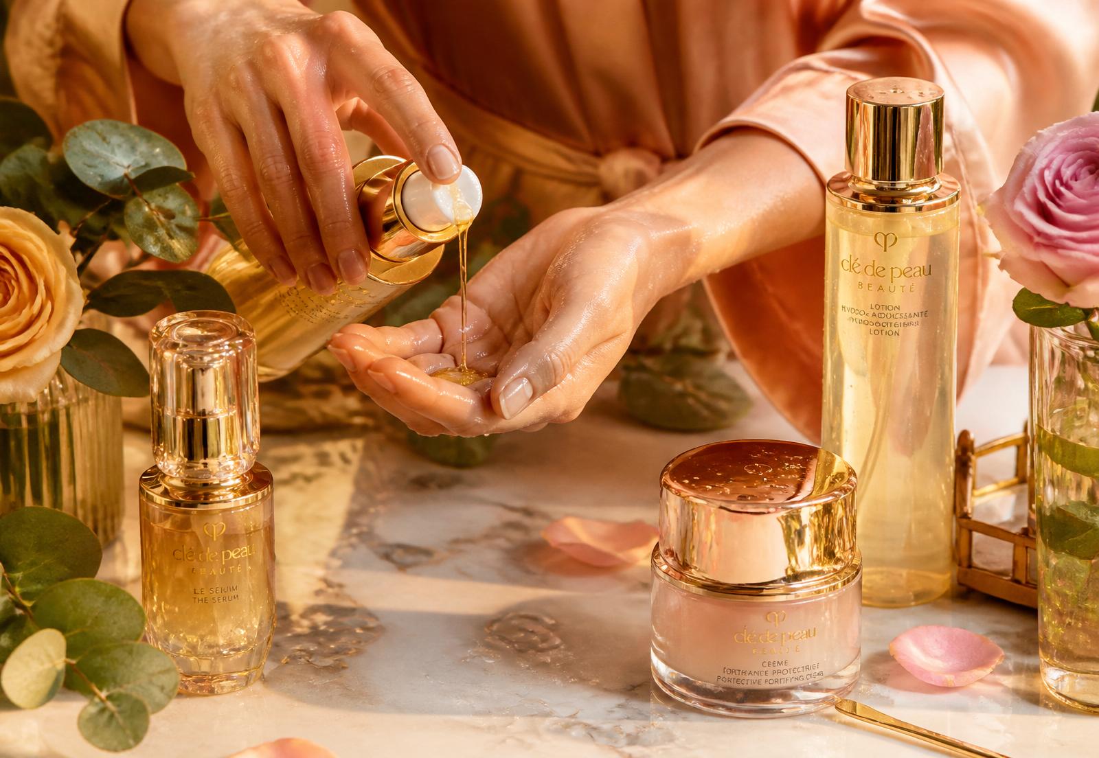 A golden serum poured into open hands amid roses and eucalyptus