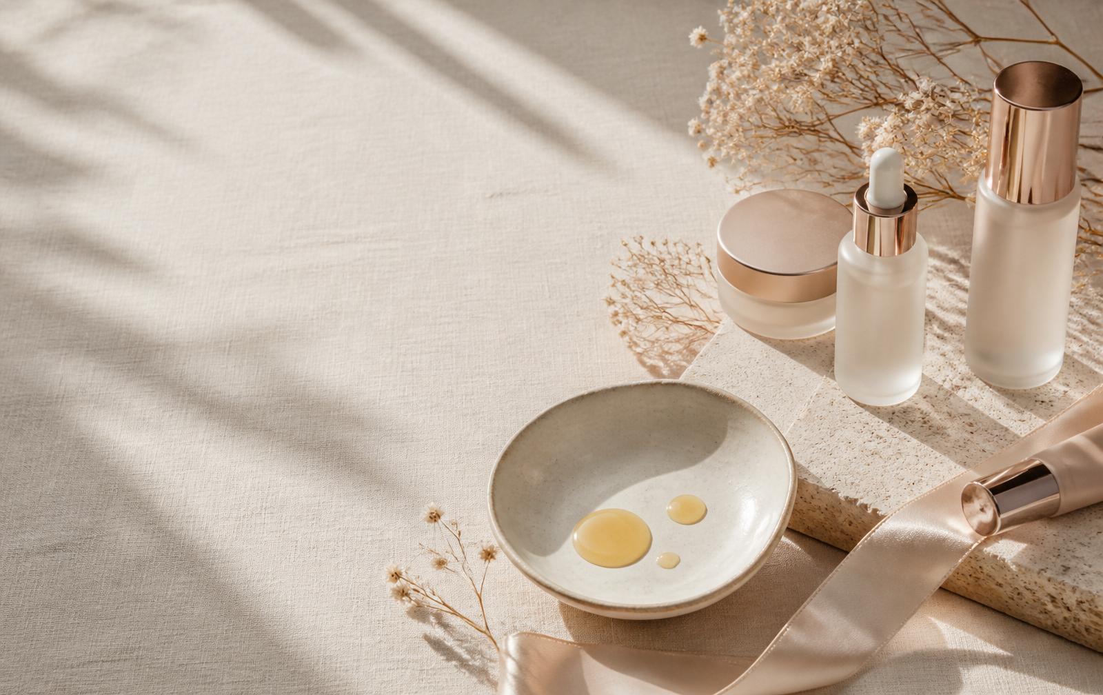 Menonjol skincare ritual with dried botanicals and rose gold accents